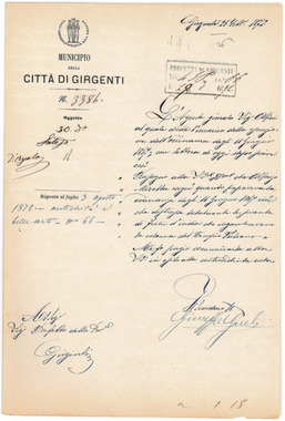 The mayor of Girgenti informs the prefect that the removal of the succulents that infested the temple of Vulcano was carried out by Alfonso Mirotta.